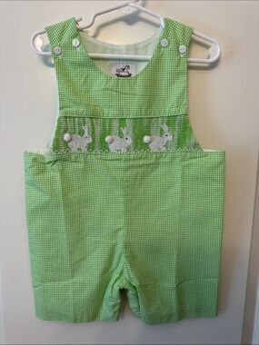 Green Gingham Bunny Smocked Shortalls for Kids